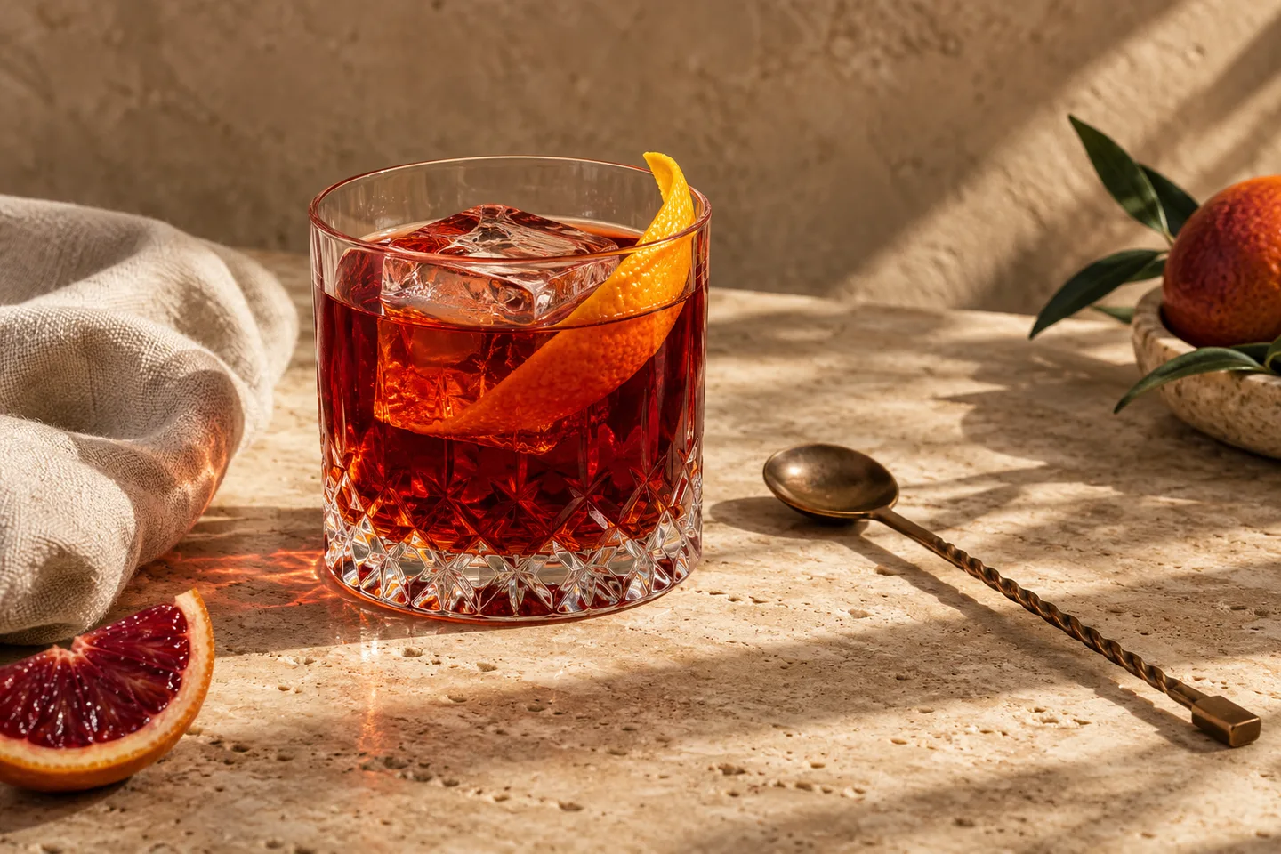 Ruby Negroni in a cut-crystal glass, with orange peel and a large clear ice cube on sunlit travertine